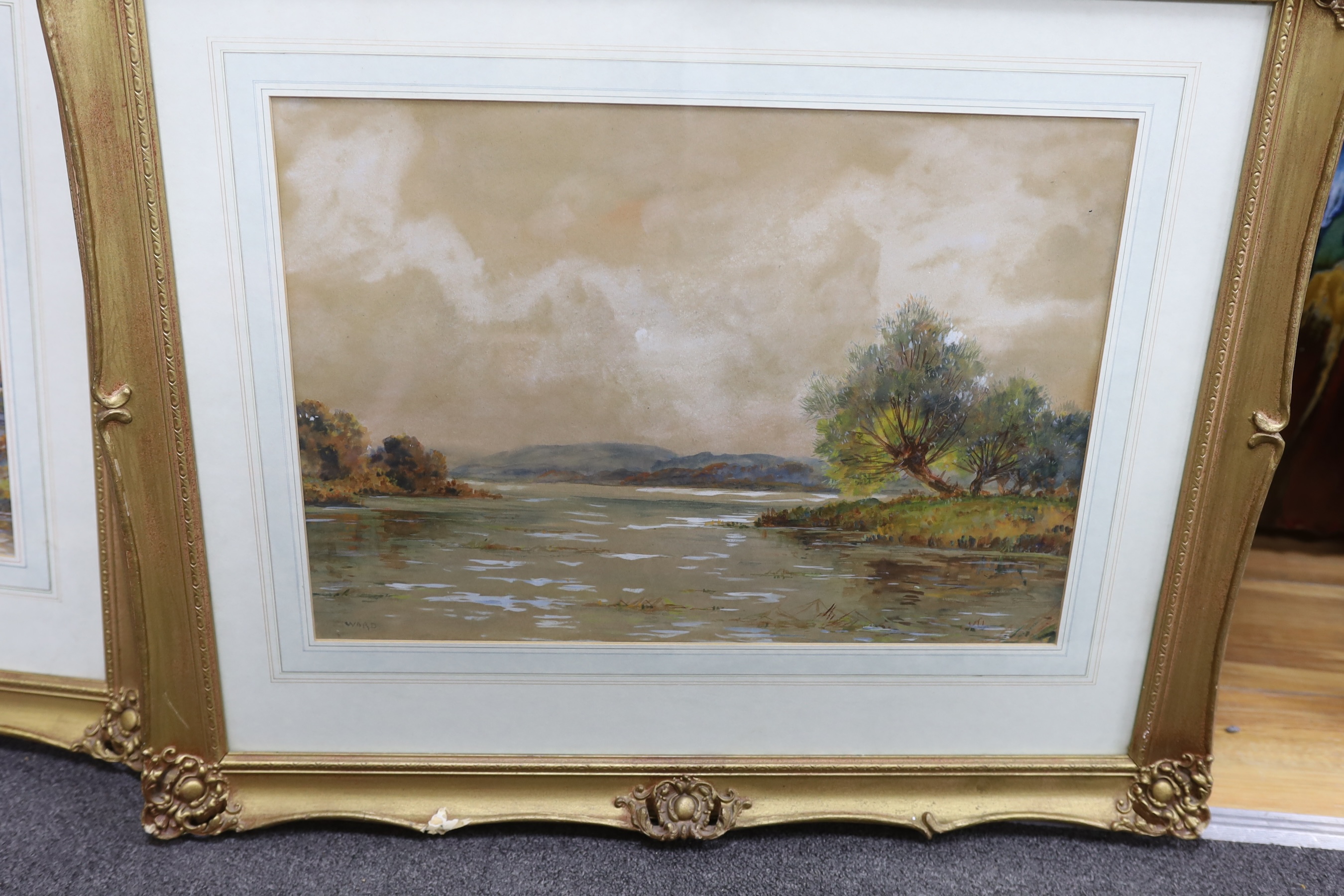 Dudley Ward (19/20th. C), pair of heightened watercolours, River landscapes, each signed, 34 x 48cm, gilt framed